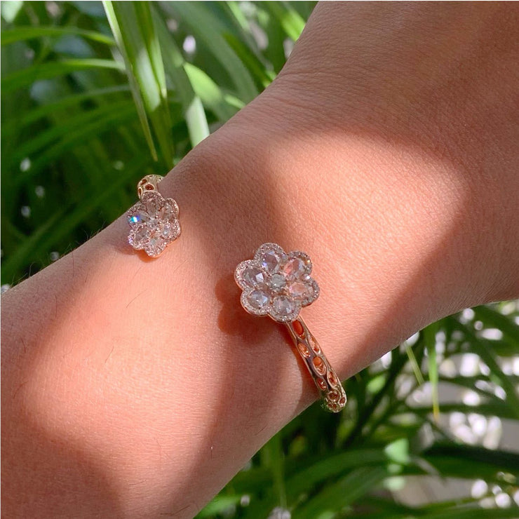 64Facets Rose Cut Diamond Floral Cuff Bracelet with Flower shaped diamond ends and 18k Gold