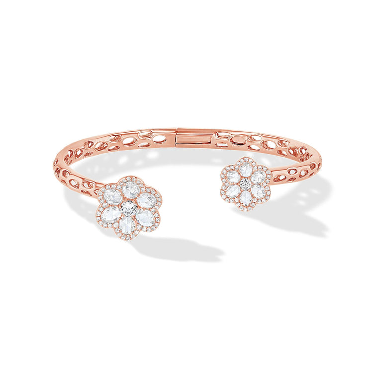 64Facets Rose Cut Diamond Floral Cuff Bracelet with Flower shaped diamond ends and 18k Gold