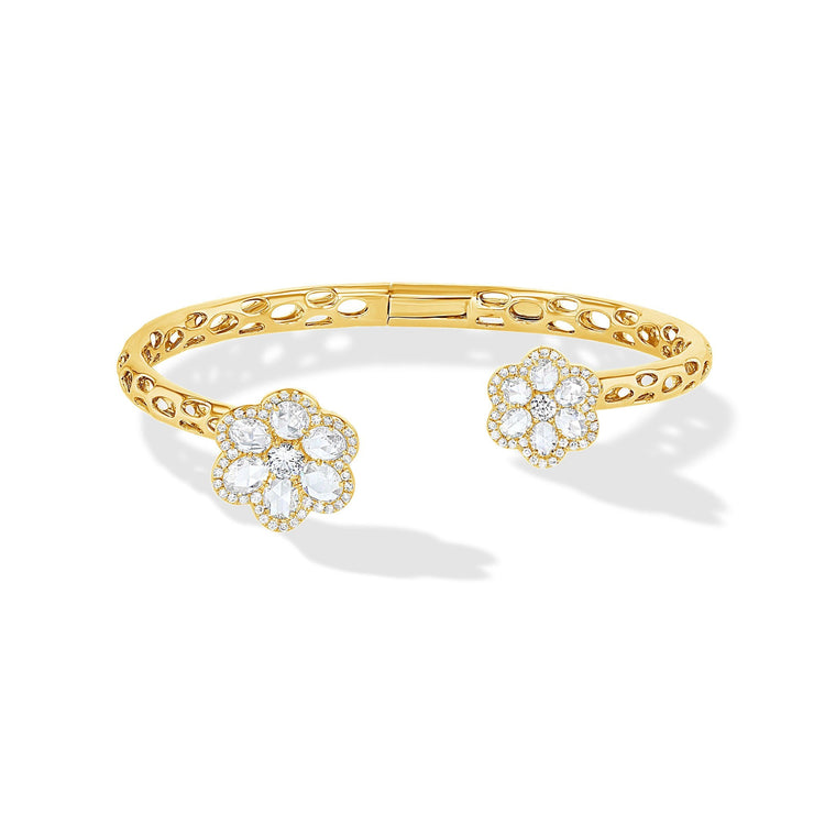 64Facets Rose Cut Diamond Floral Cuff Bracelet with Flower shaped diamond ends and 18k Gold