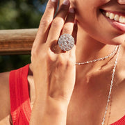 Eclat Shield Diamond Ring on Beautiful Woman. 64Facets Fine Diamond Jewelry. Ethically Sourced Rose Cut Diamonds.