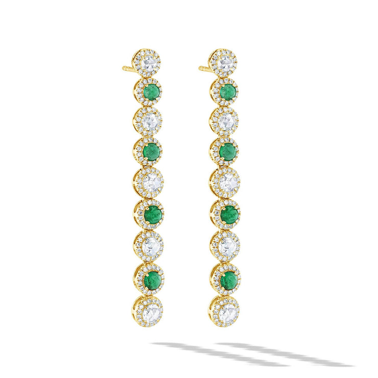 64Facets Emerald and Diamond Drop Dangle Earrings 18K Gold