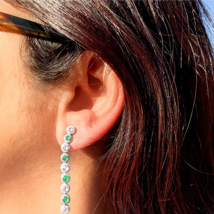 64Facets Emerald and Diamond Dangly Drop Earrings in 18K Gold