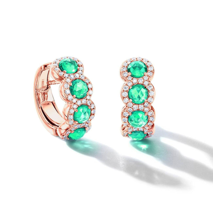 64facets rose cut emerald and diamond huggie earrings set in 18k gold