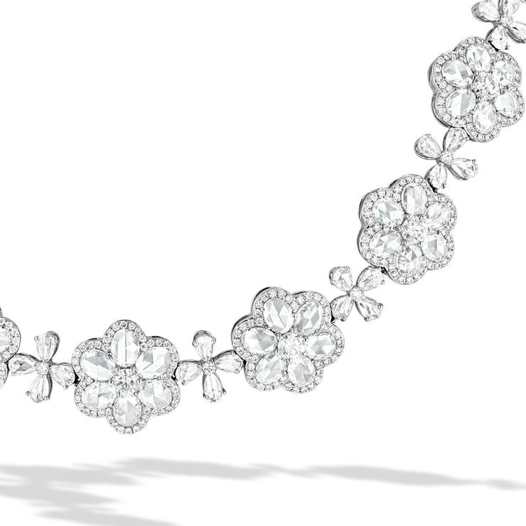 64Facets Floral Diamond Choker Wrap Around Necklace with Flower shapes and rose cut diamonds in 18k gold