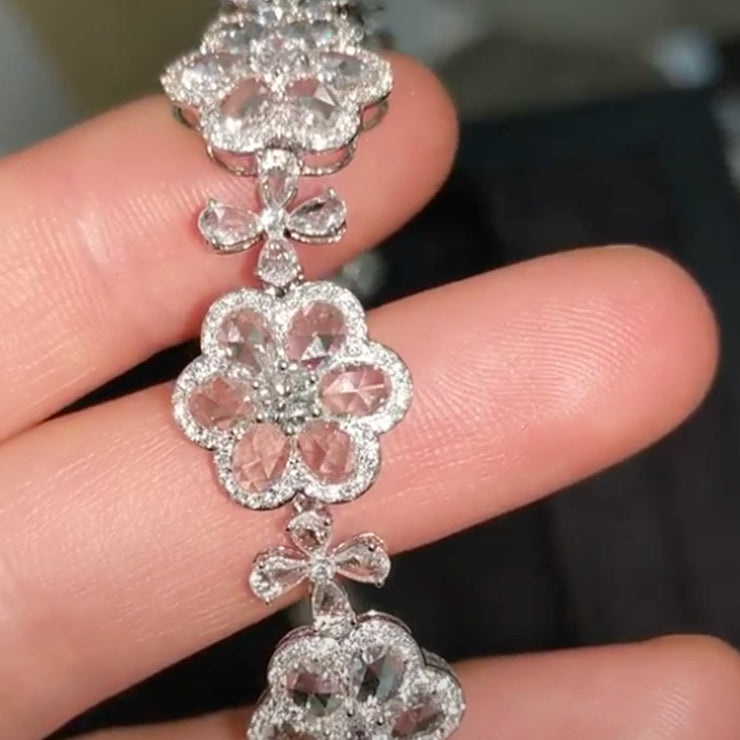 18k White Gold, Rose Cut Diamond & Pink Diamond Flower Necklace