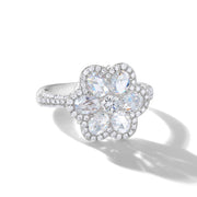 64facets Rose cut diamond floral ring with pave diamond accents and 18k white gold