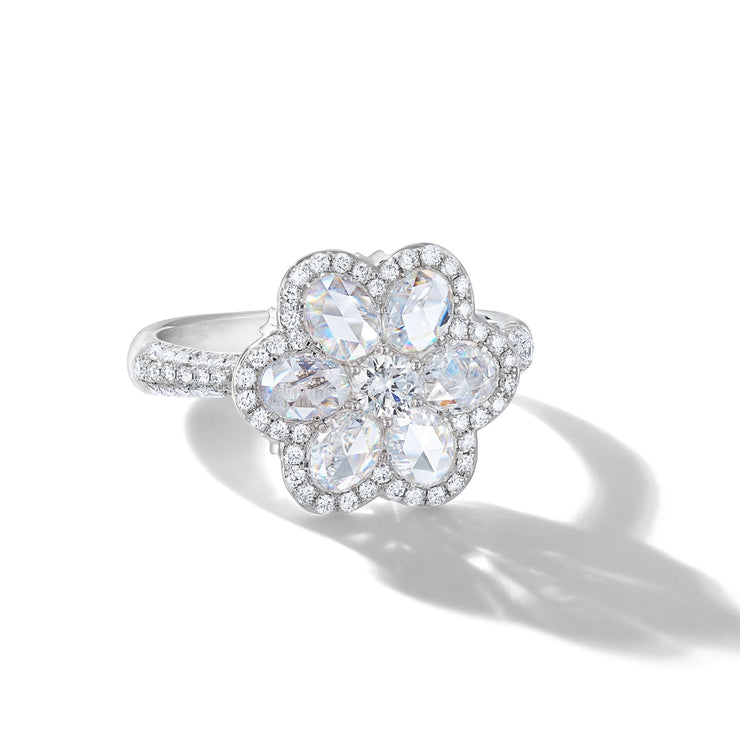 64Facets floral diamond ring made with rose cut diamonds in the shape of a flower and white gold