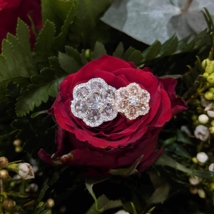 18K Yellow Gold and Full Pave Flower Stud Earrings