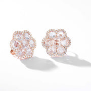 64Facets Rose Cut Floral Diamond Stud Earrings with Pave Diamond Accents in 18K Rose Gold