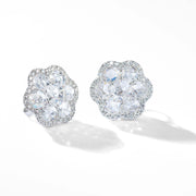 64Facets Rose Cut Floral Diamond Stud Earrings with Pave Diamond Accents in 18K White Gold