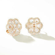 64Facets Rose Cut Floral Diamond Stud Earrings with Pave Diamond Accents in 18K Yellow Gold