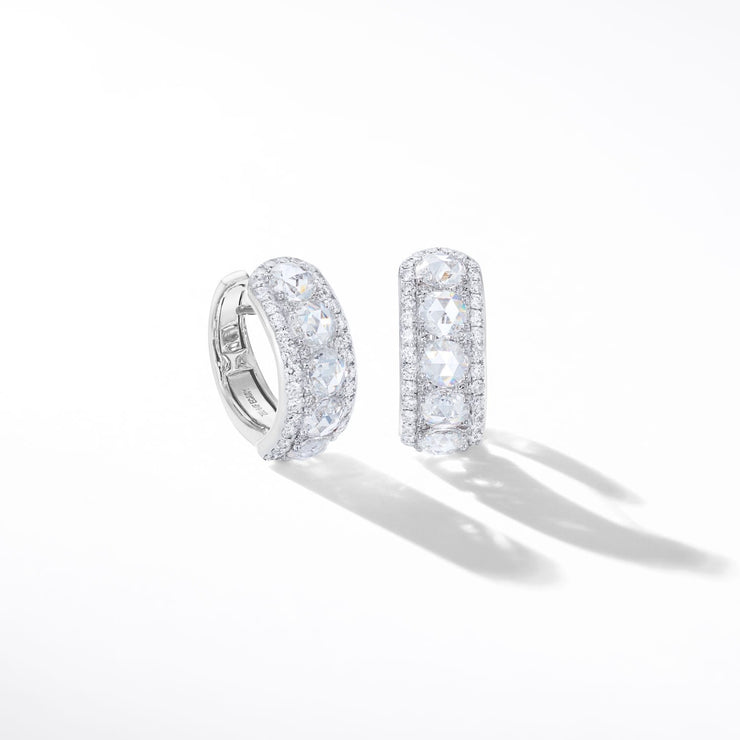 Linear Diamond Huggies. Earrings made with rose cut diamonds accented by smaller brilliant cut diamonds.