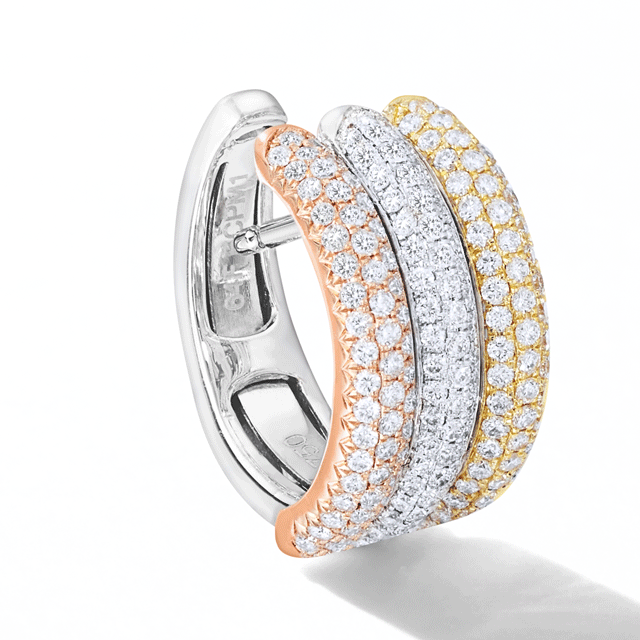 Three gold diamond huggies. Small brilliant cut diamonds in a pave setting in three gold tones: 18k yellow, white and rose gold