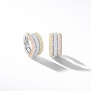 Three gold diamond huggies. Small brilliant cut diamonds in a pave setting in three gold tones: 18k yellow, white and rose gold