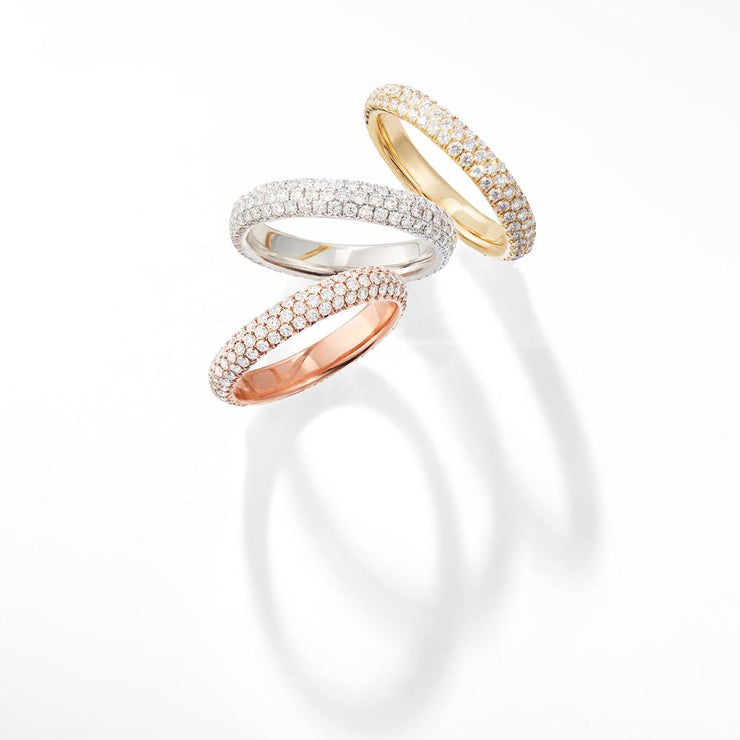 18K Gold Band with Brilliant Cut Pave Diamonds. Available in White, Rose and Yellow Gold. 