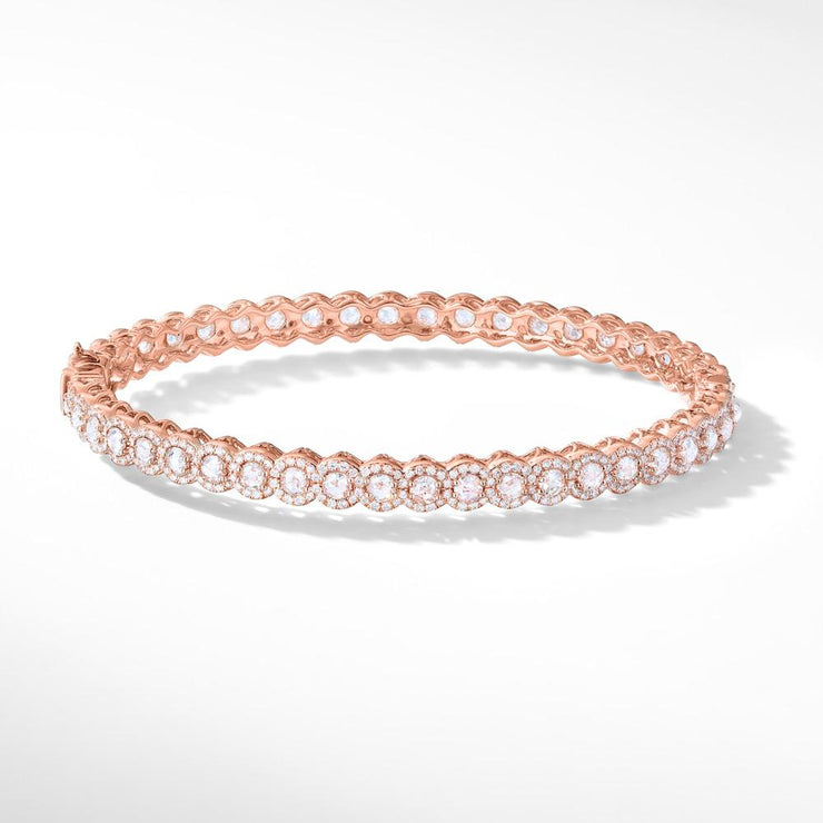 Scallop Diamond Bangle. Round rose-cut diamonds accented by round brilliant cut diamonds. 18k Rose and White Gold.