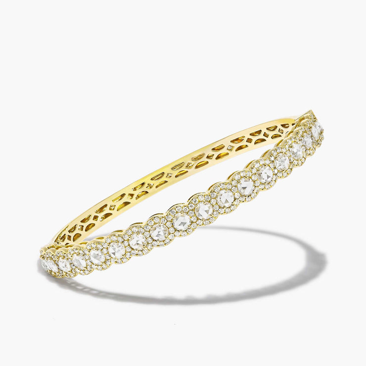 64Facets Scallop Diamond Bangle, with Rose Cut diamonds and pave accents on the front side, and 18K yellow gold with speckles of diamonds on the back side