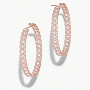 64Facets 18k rose gold and diamond hoop earrings. Rose cut diamonds accented by smaller brilliant cut diamonds.