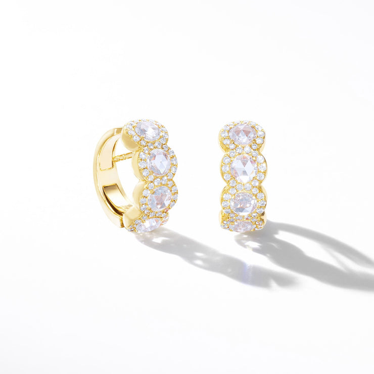 64Facets Scallop Rose Cut Diamond Huggie Hoop earrings in 18K Yellow Gold with Brilliant Cut Diamond Pave Accents