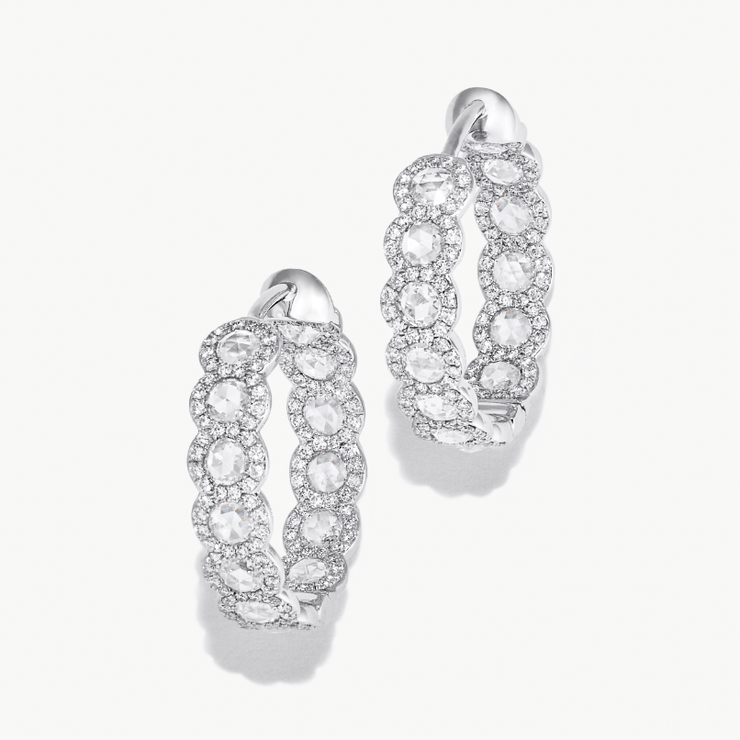 Scallop Diamond Mini Hoop Earrings. Round Rose-Cute Diamonds Accented by Round Brilliant-Cut Diamonds. 18k White Gold. 