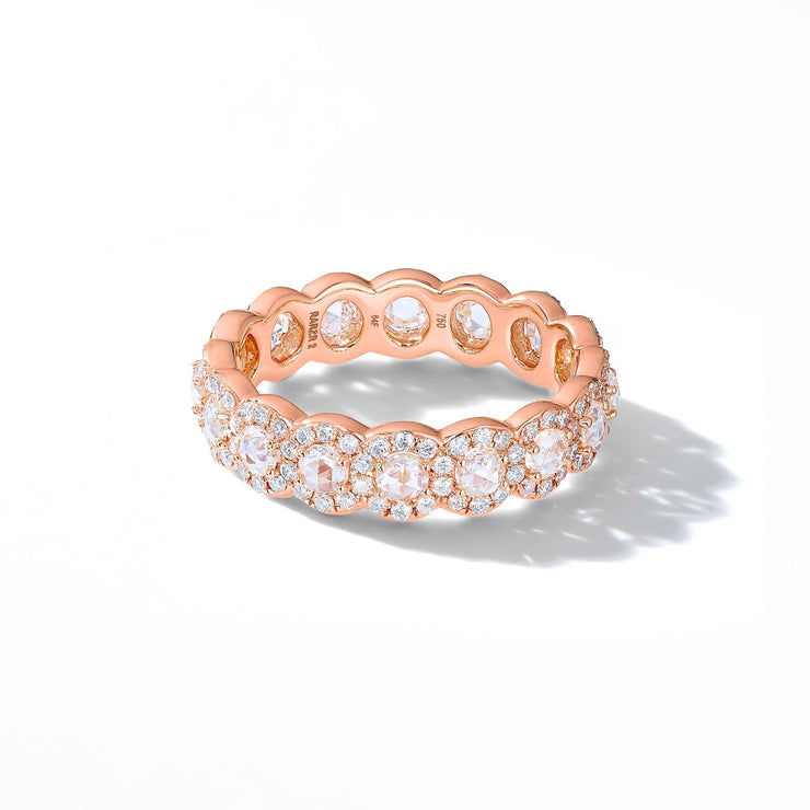 64Facets Rose Cut Scallop Diamond Band in 18K Gold and Brilliant Cut Diamond Pave Accents