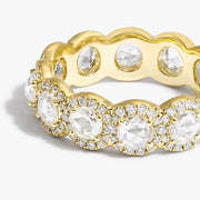 64Facets Rose Cut Scallop Diamond Band in 18K Gold and Brilliant Cut Diamond Pave Accents