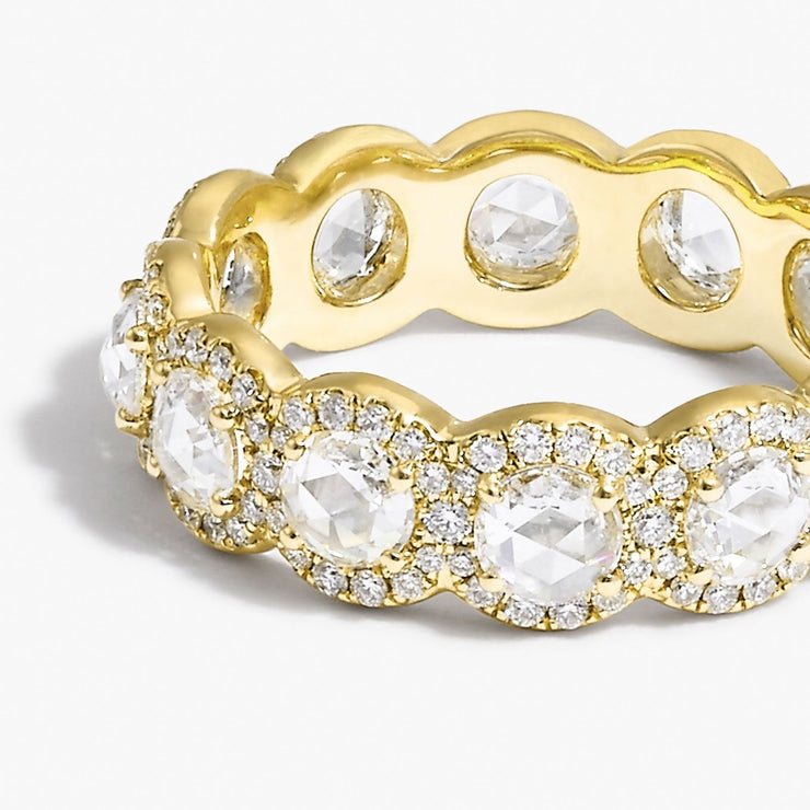 64Facets Rose Cut Scallop Diamond Band in 18K Gold and Brilliant Cut Diamond Pave Accents