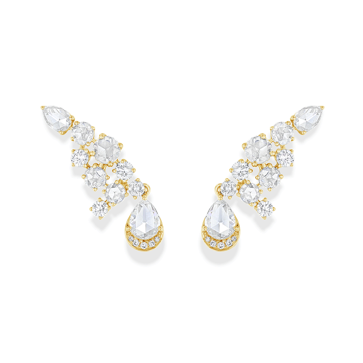 64Facets Diamond Crawler Earrings with Rose Cut and Brilliant Cut Diamonds set in 18k Gold