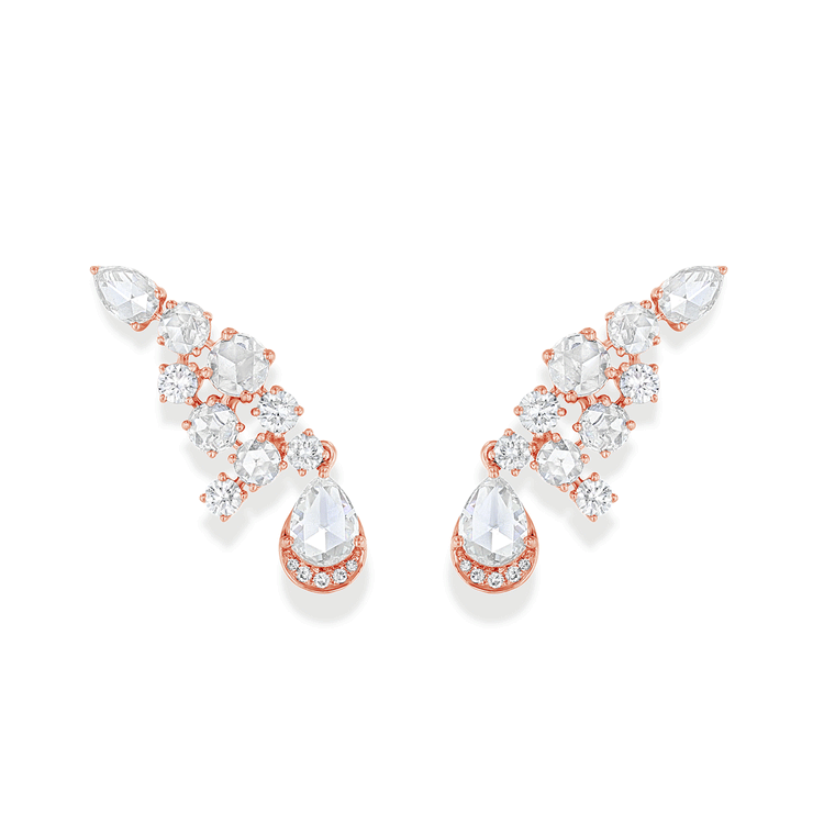 64Facets Diamond Crawler Earrings with Rose Cut and Brilliant Cut Diamonds set in 18k Gold