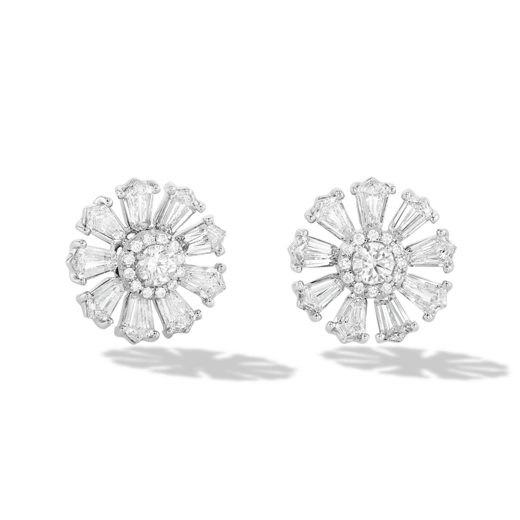 64Facets Sunflower Diamond Stud Earrings with Step Cut Diamonds and Brilliant Cut Diamonds in 18K Gold