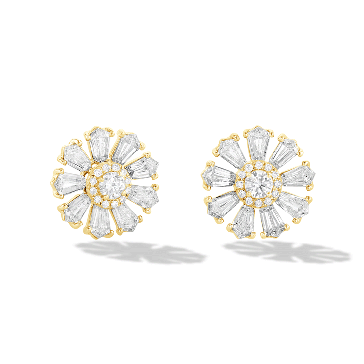 64Facets Sunflower Diamond Stud Earrings with Step Cut Diamonds and Brilliant Cut Diamonds in 18K Gold